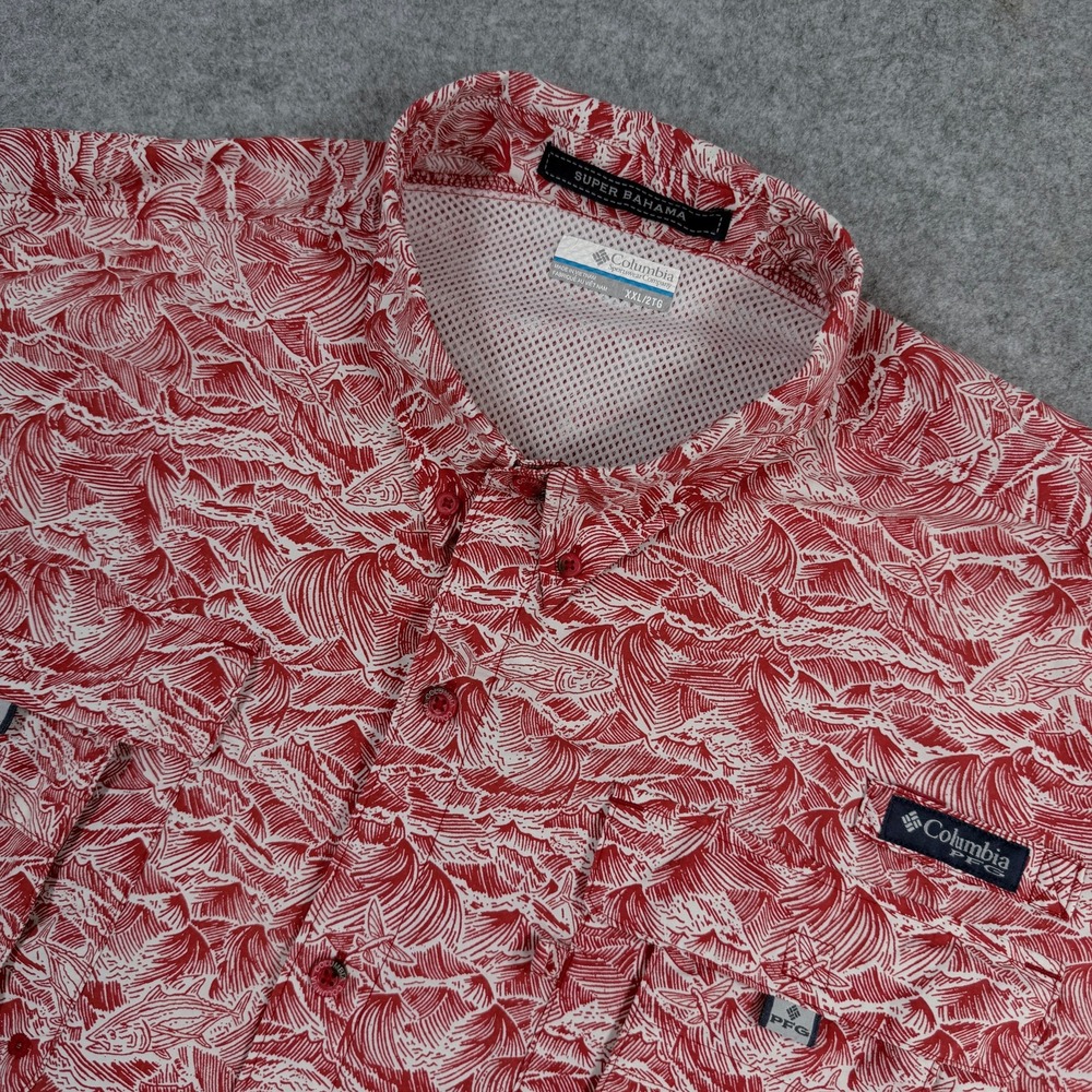 Columbia Mens Super Bahama Fishing Shirt XXL Red Fish Wave PFG Short Sleeve